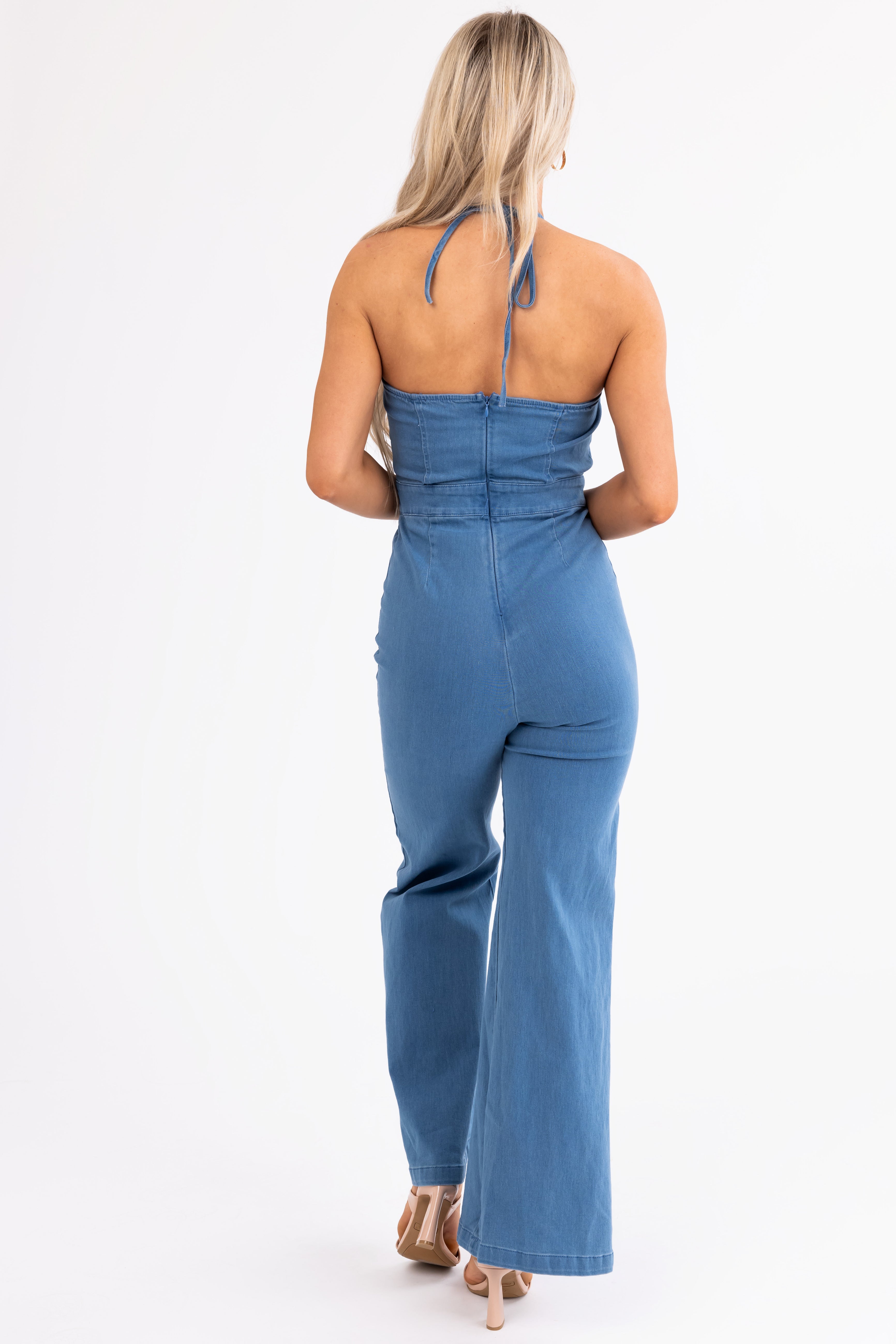 Flying Tomato Medium Wash Halter Neck Jumpsuit