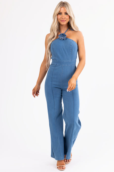 Flying Tomato Medium Wash Halter Neck Jumpsuit