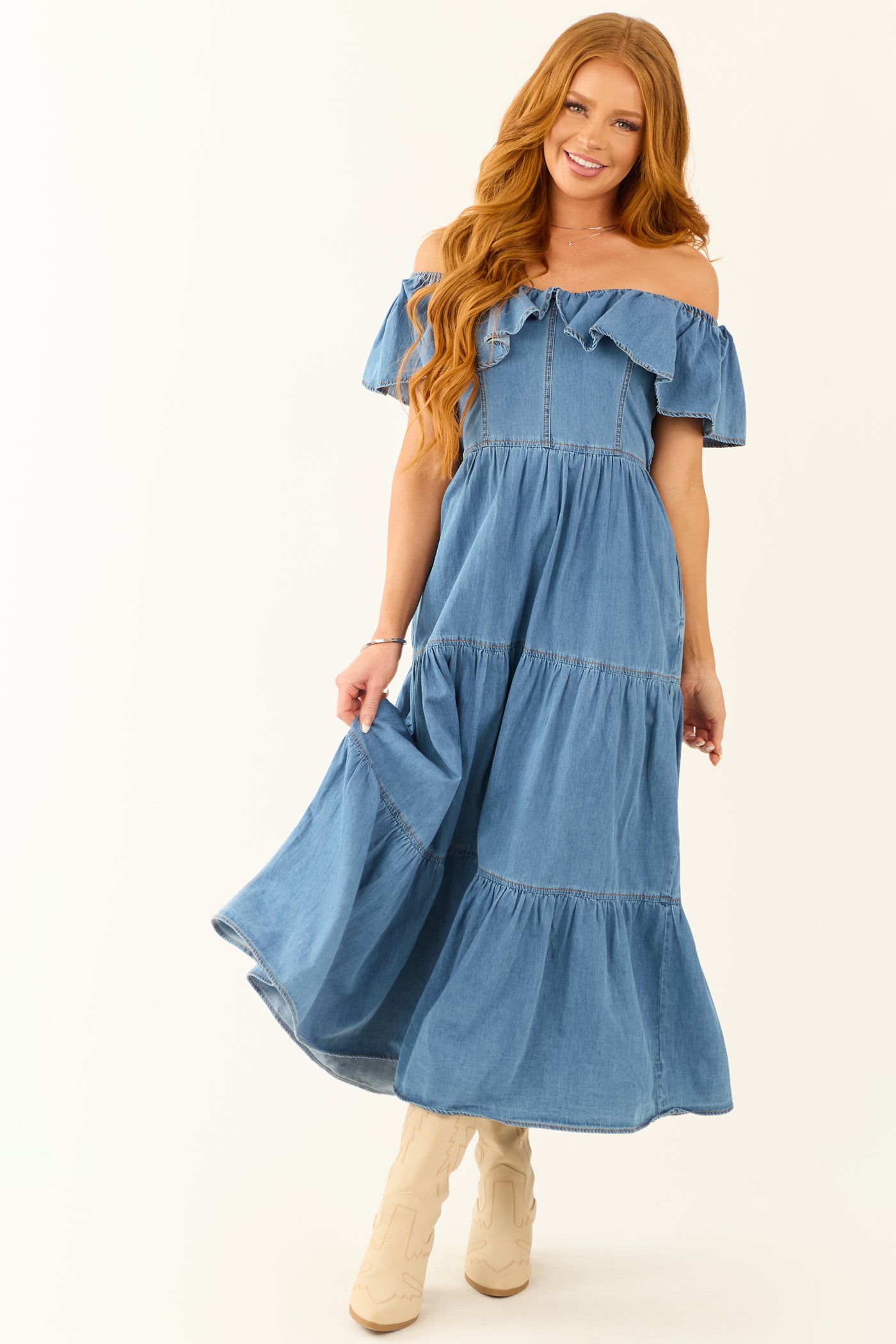 Flying Tomato Medium Wash Off Shoulder Midi Dress