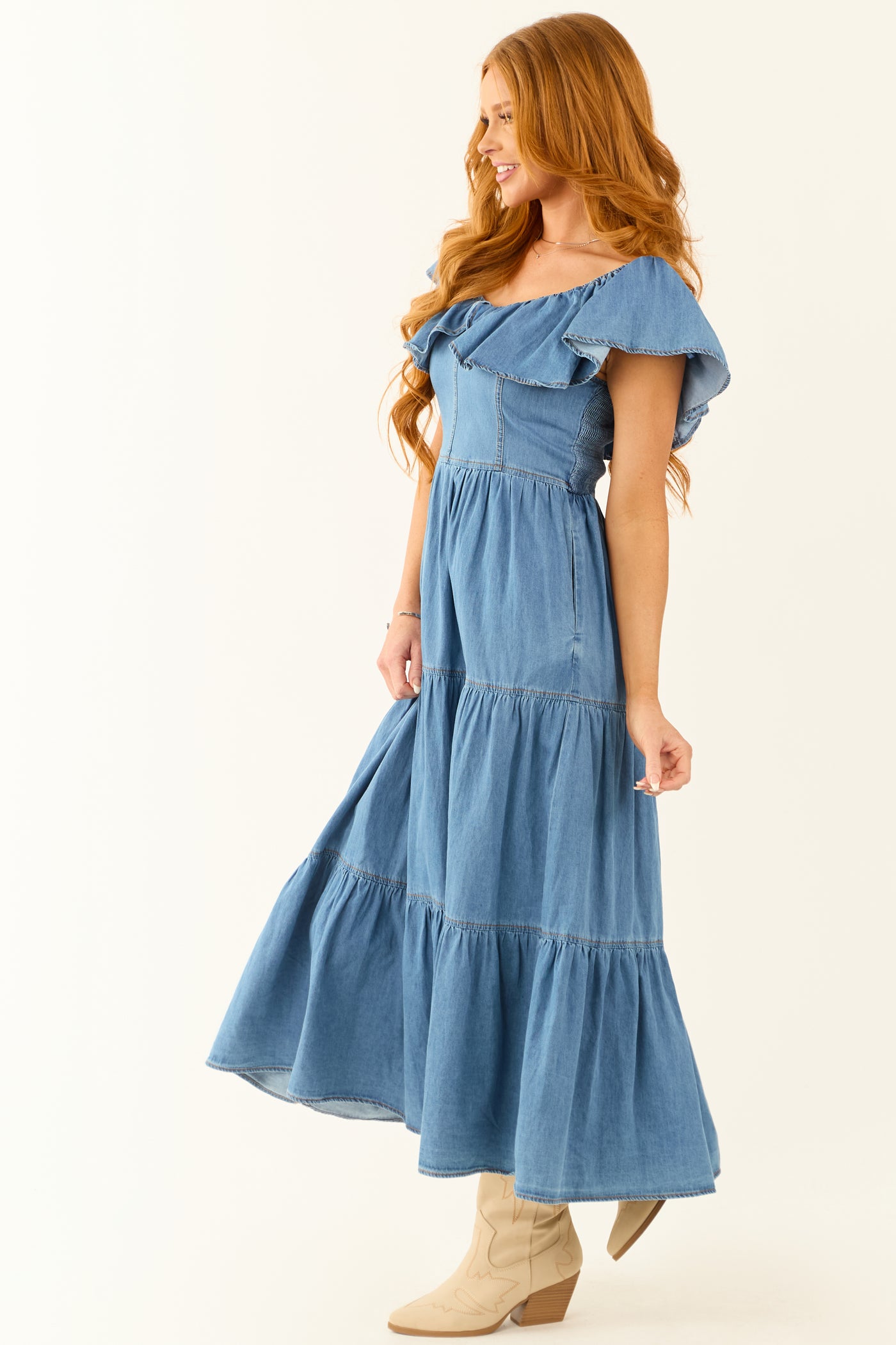 Flying Tomato Medium Wash Off Shoulder Midi Dress