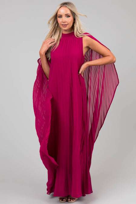 Flying Tomato Mulberry Pleated Maxi Dress with Cape