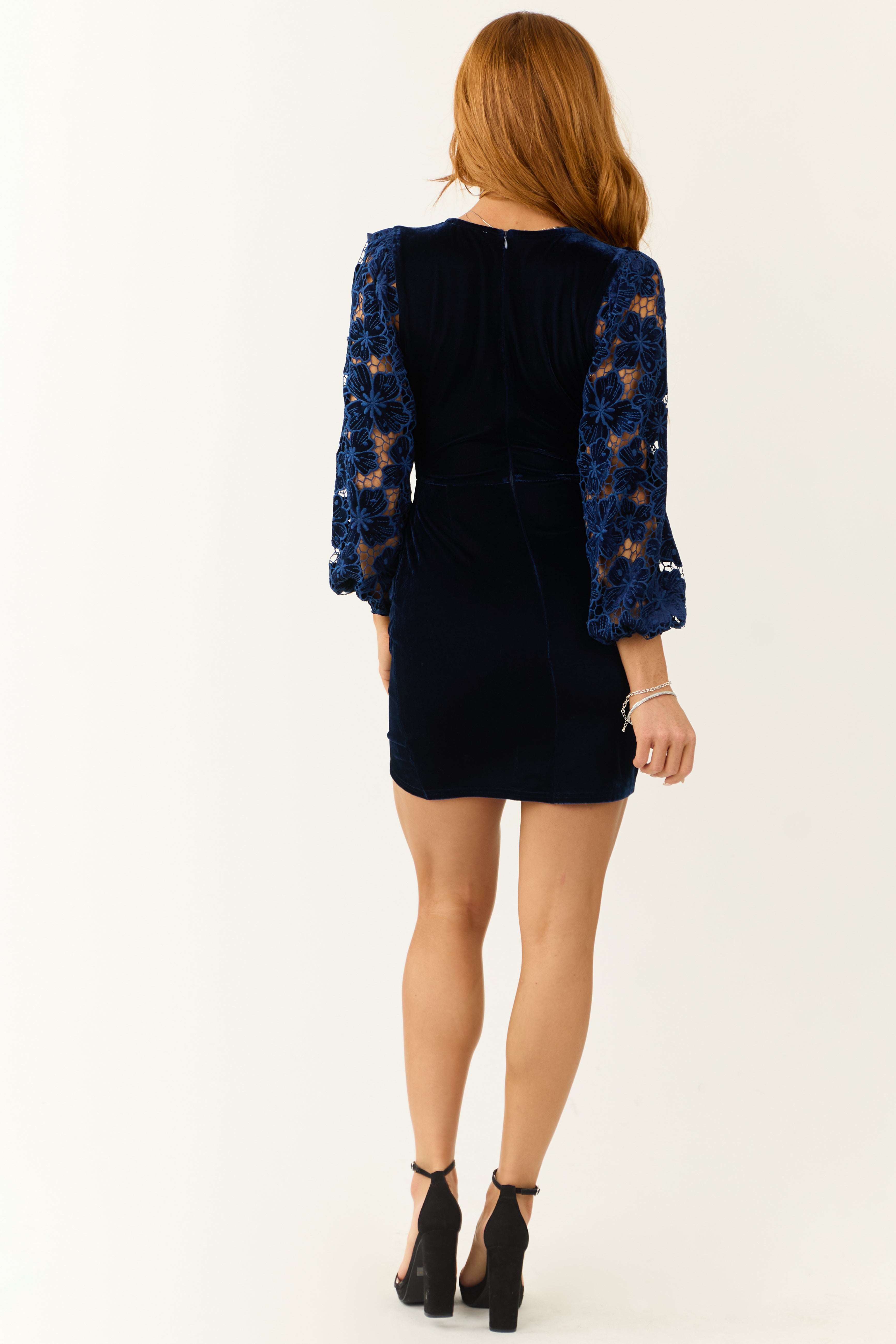 Flying Tomato Navy Lace Sleeve Velvet Mini Dress