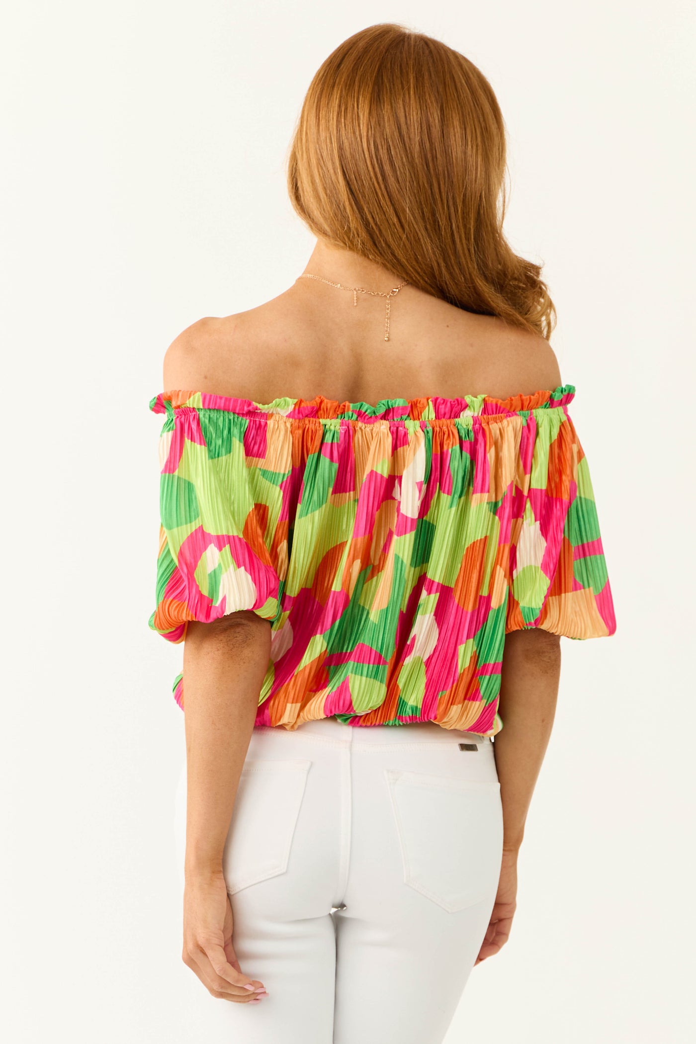 Flying Tomato Neon Kiwi Plisse Satin Abstract Print Top