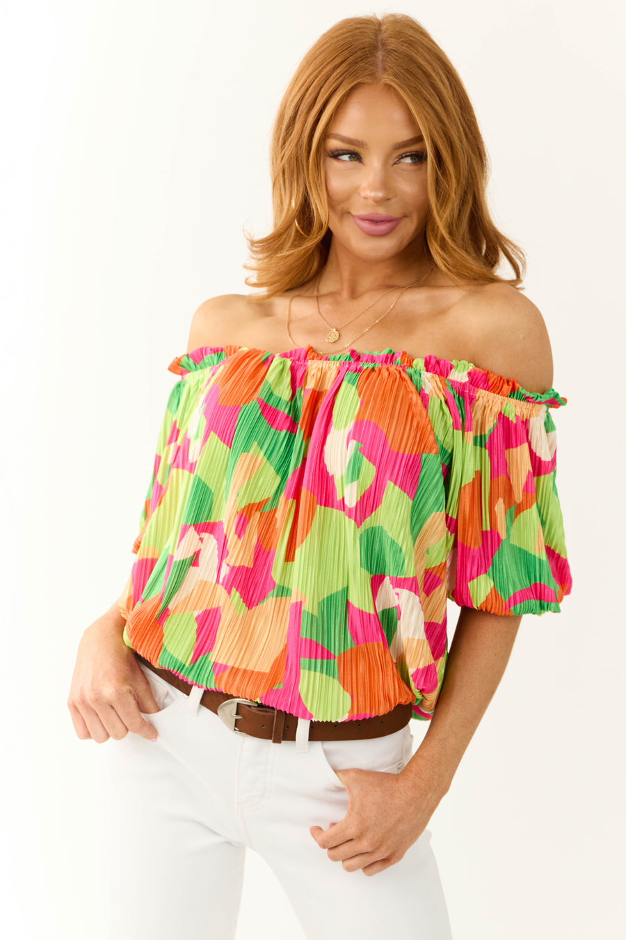 Flying Tomato Neon Kiwi Plisse Satin Abstract Print Top