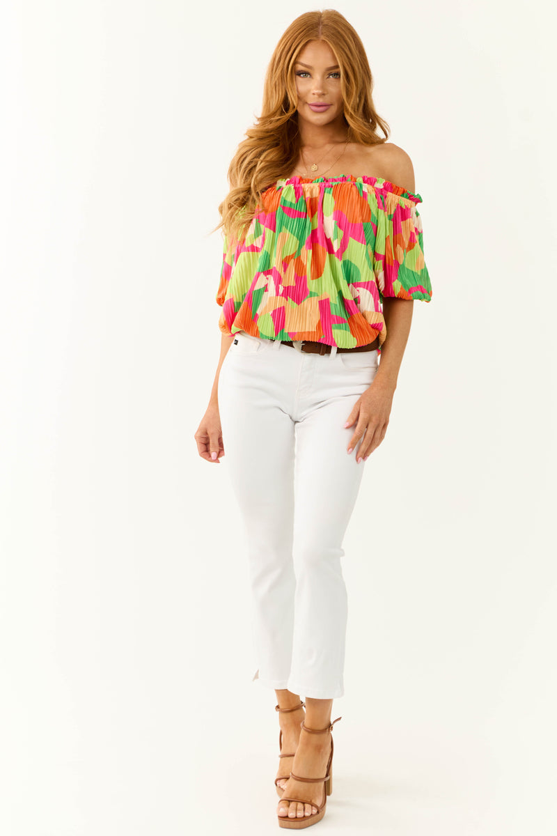 Flying Tomato Neon Kiwi Plisse Satin Abstract Print Top