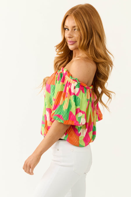 Flying Tomato Neon Kiwi Plisse Satin Abstract Print Top