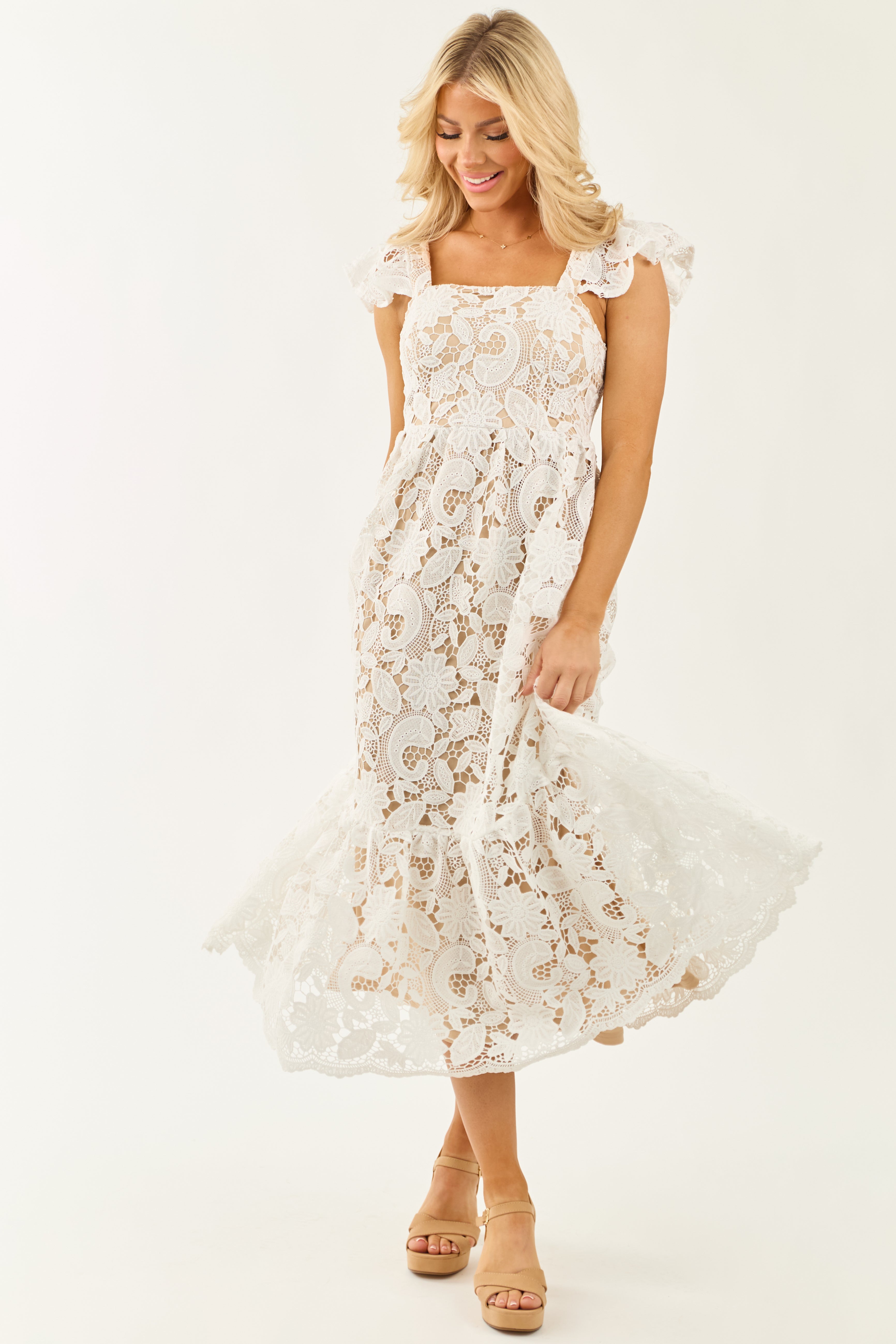 Flying Tomato Off White Floral Crochet Lace Midi Dress