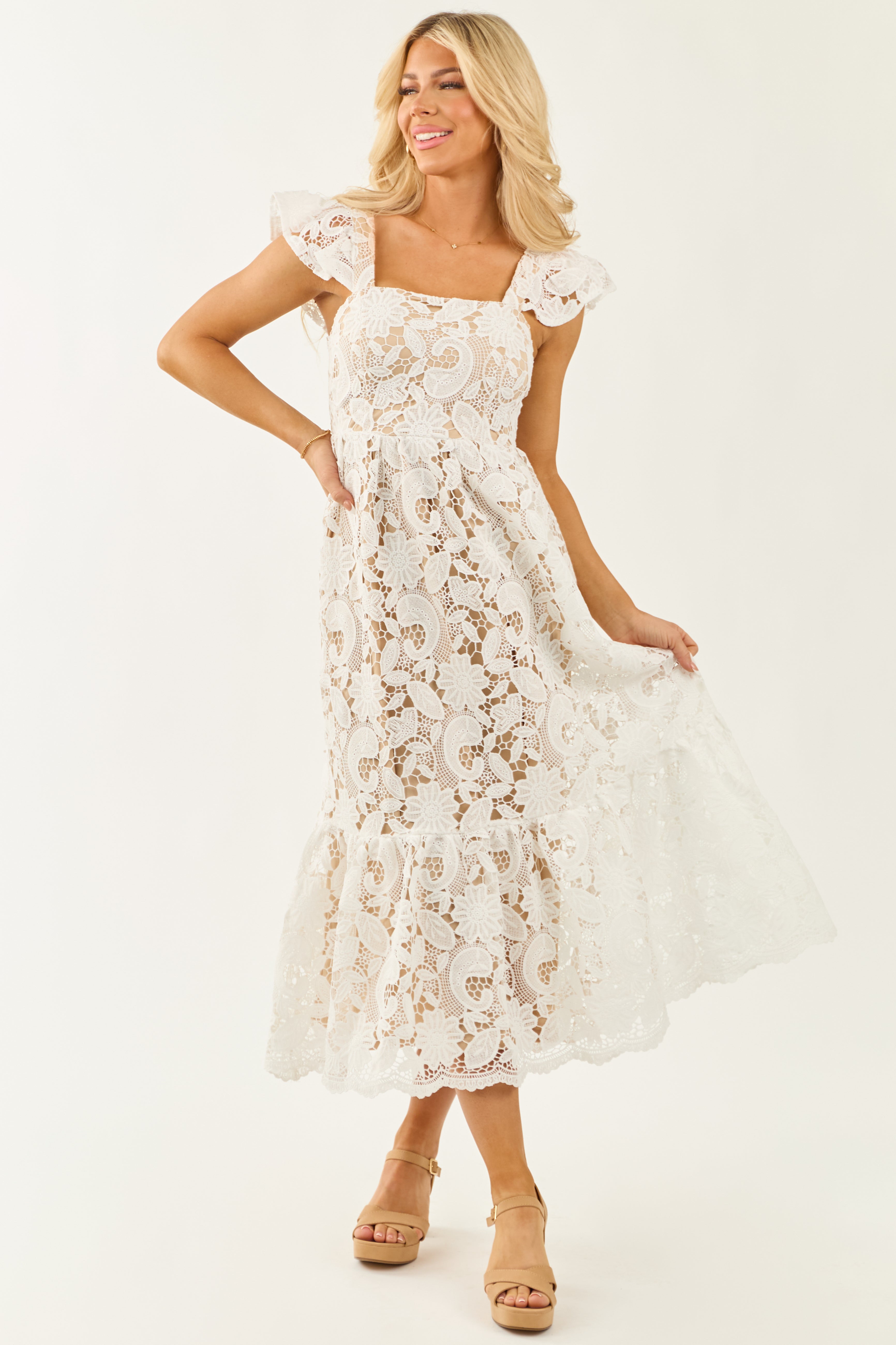 Flying Tomato Off White Floral Crochet Lace Midi Dress