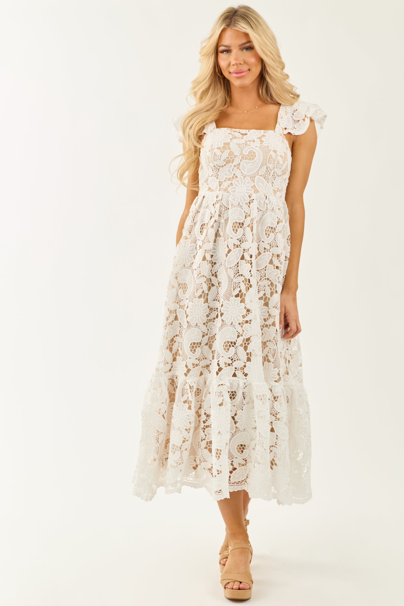 Flying Tomato Off White Floral Crochet Lace Midi Dress