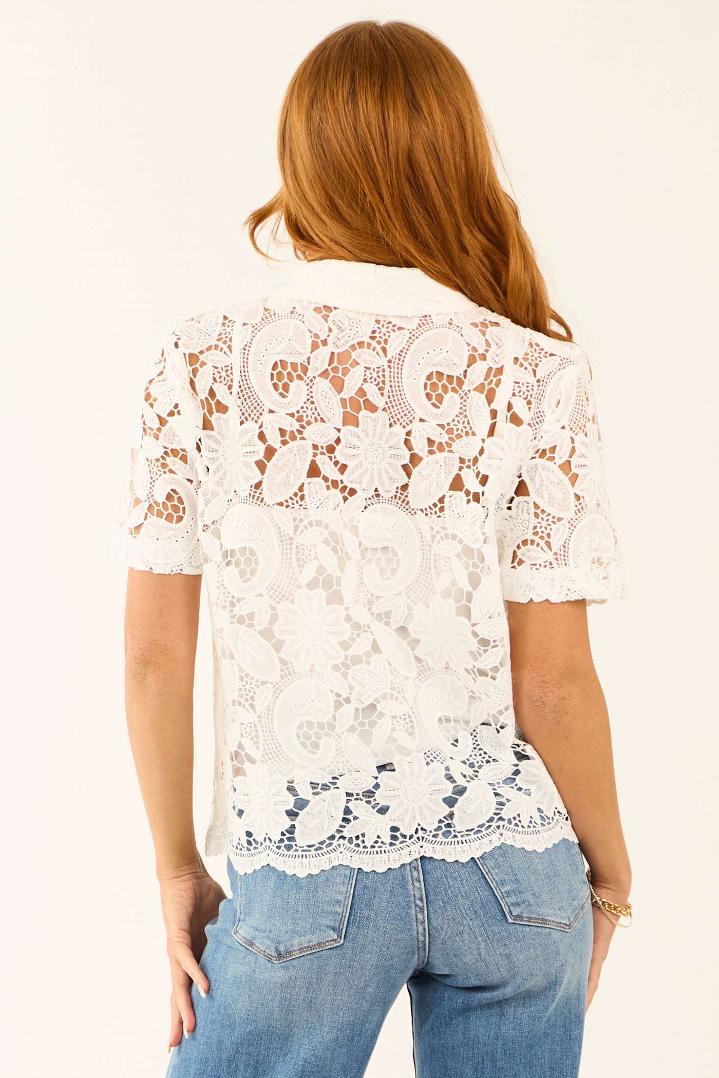 Flying Tomato Off White Lace Button Down Top