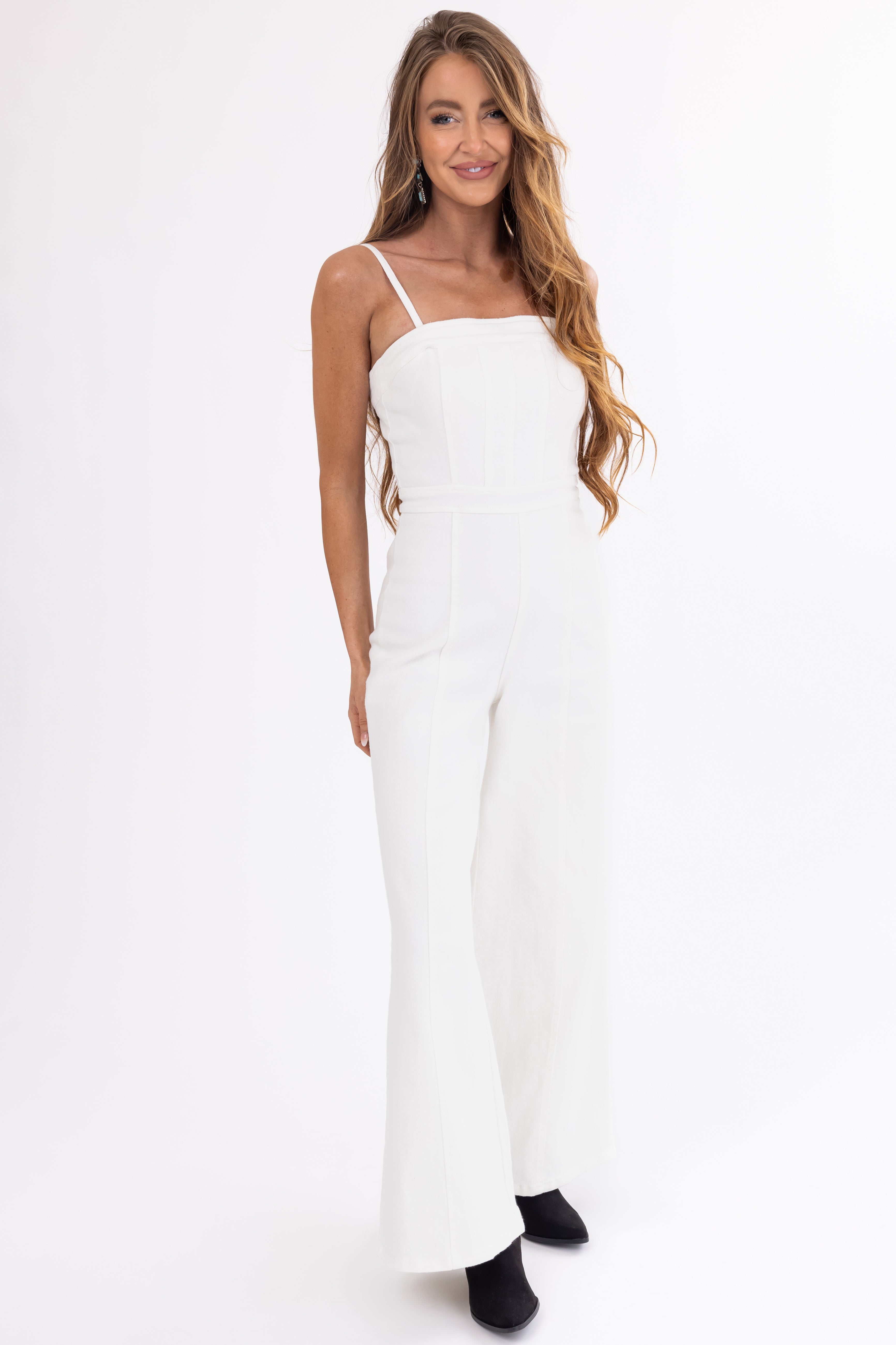 Flying Tomato Off White Sleeveless Denim Jumpsuit