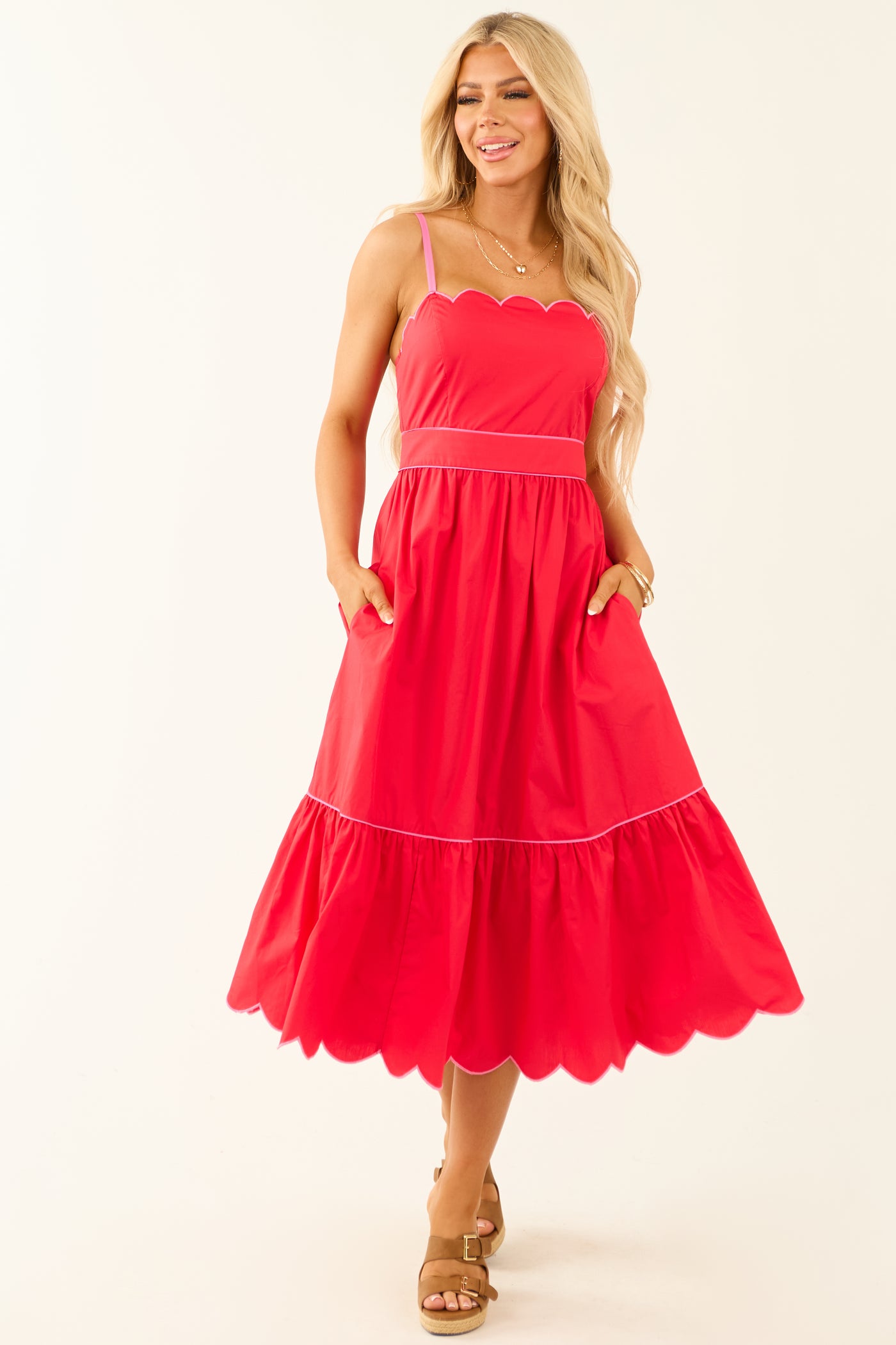 Flying Tomato Poppy Red Contrast Trim Midi Dress