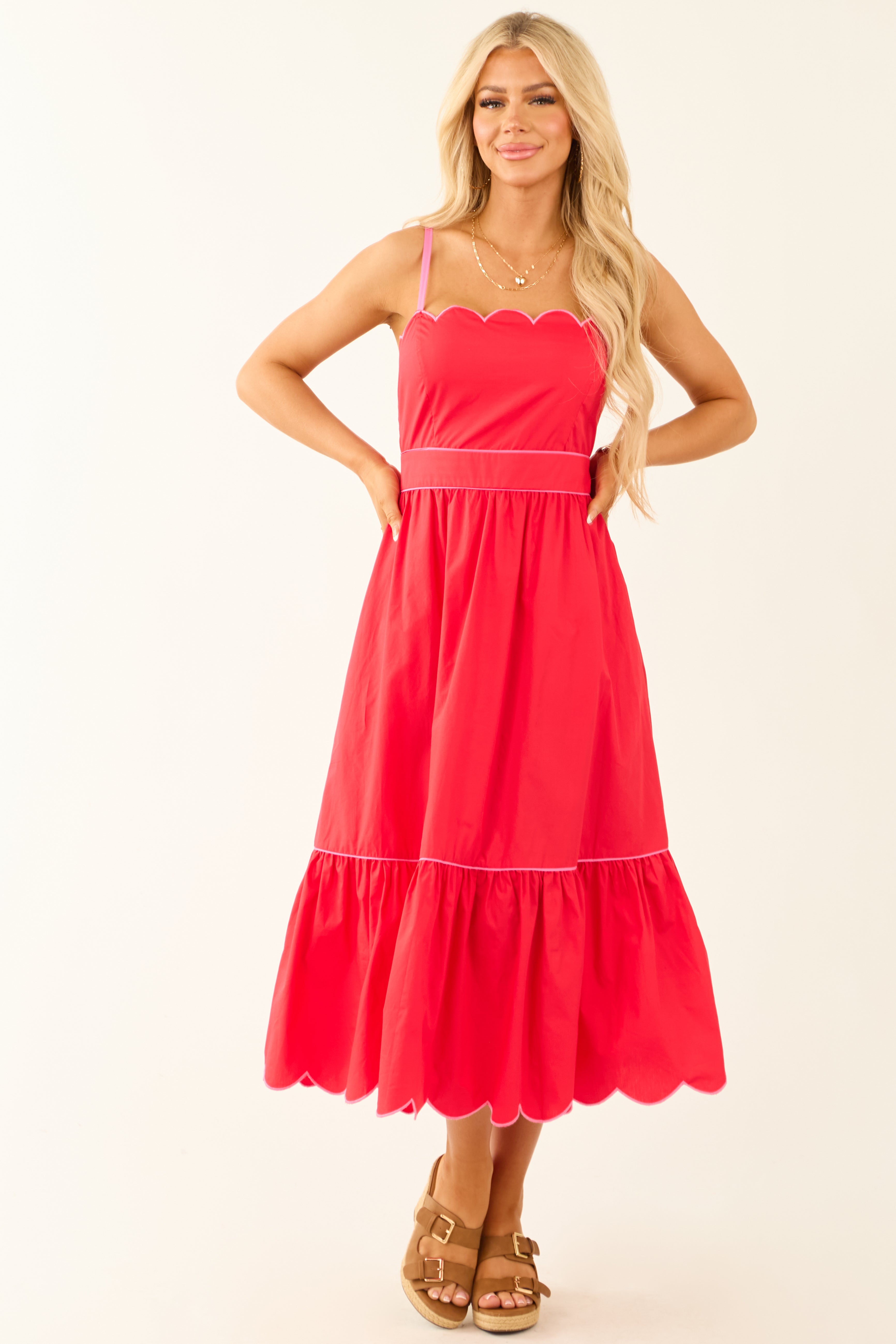 Flying Tomato Poppy Red Contrast Trim Midi Dress