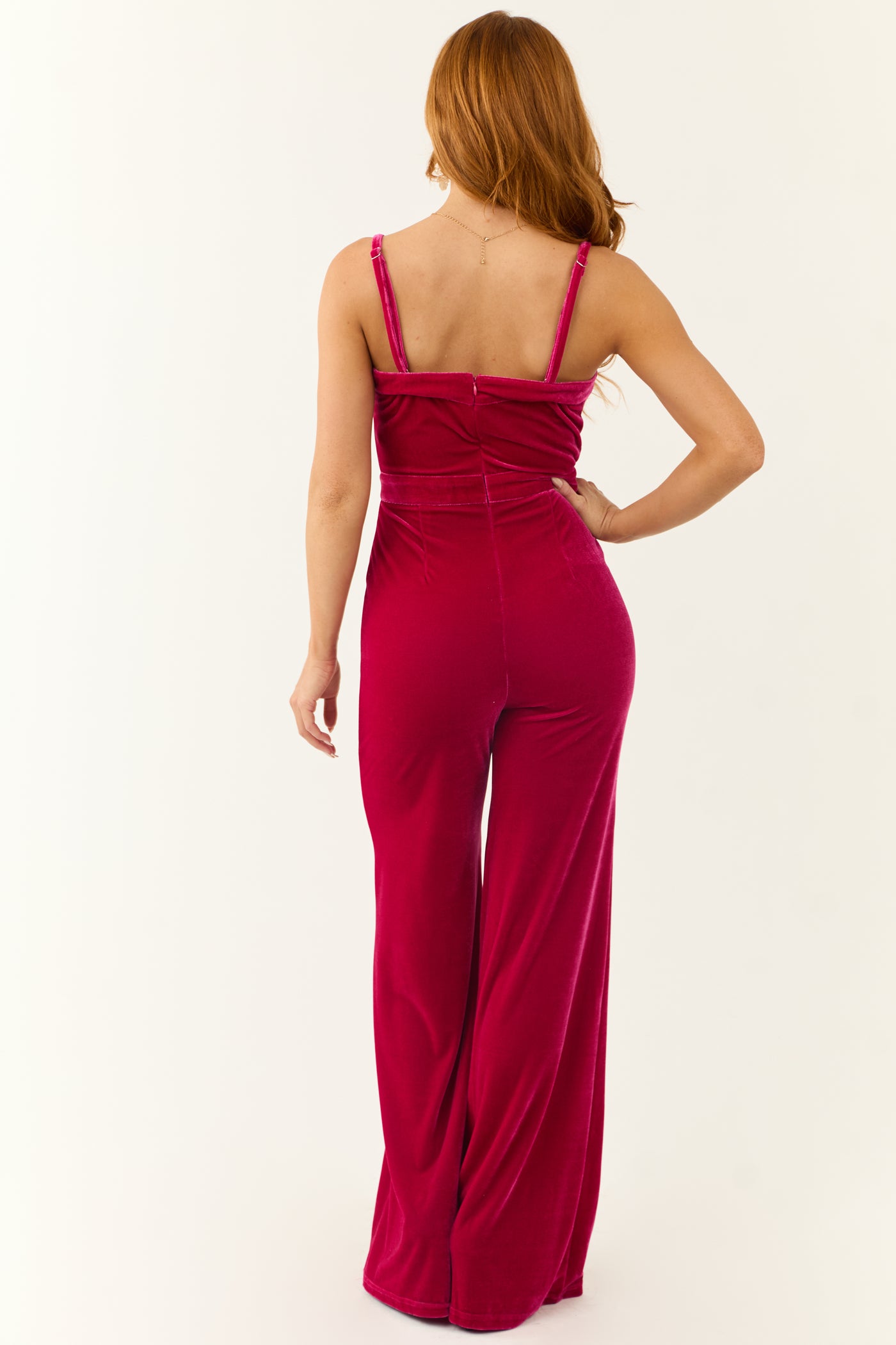 Flying Tomato Raspberry Split Neck Flare Leg Velvet Jumpsuit