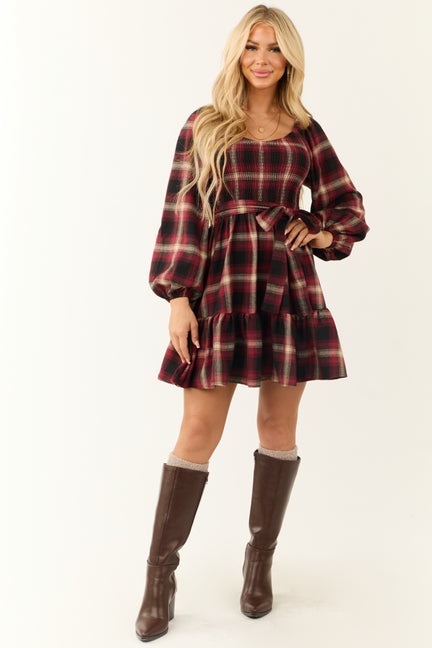 Flying Tomato Ruby Plaid Smocked Bodice Short Dress