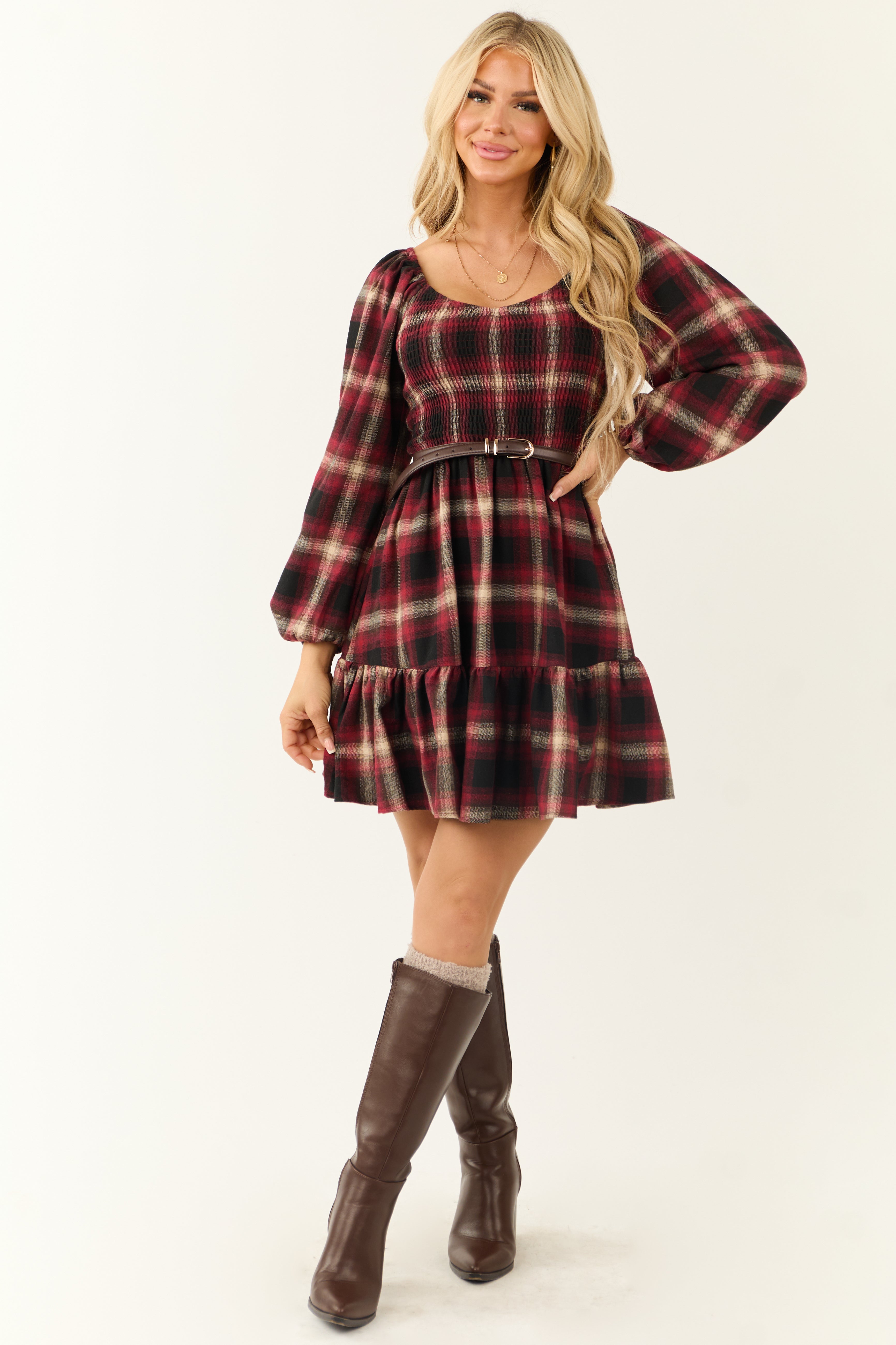 Flying Tomato Ruby Plaid Smocked Bodice Short Dress