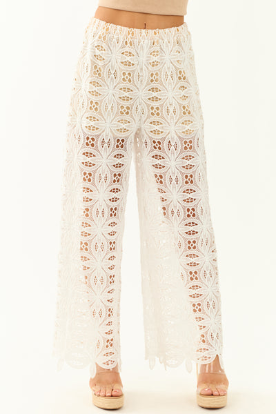 Flying Tomato White Floral Crochet Wide Leg Pants