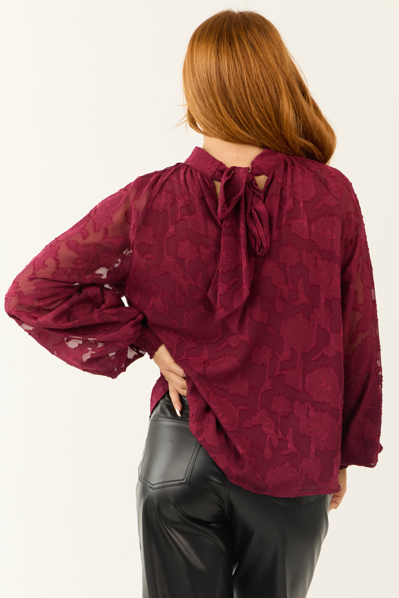 Flying Tomato Wine Floral Textured Back Tie Top