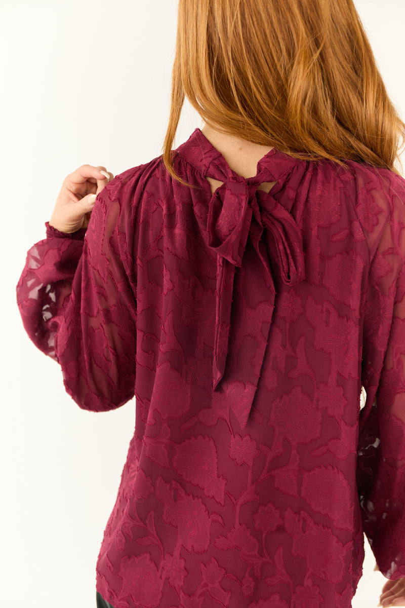 Flying Tomato Wine Floral Textured Back Tie Top