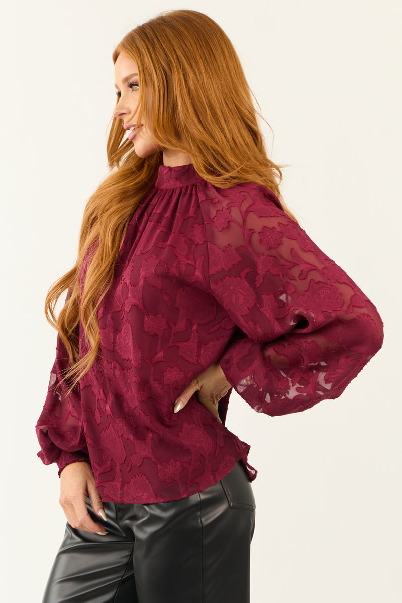 Flying Tomato Wine Floral Textured Back Tie Top