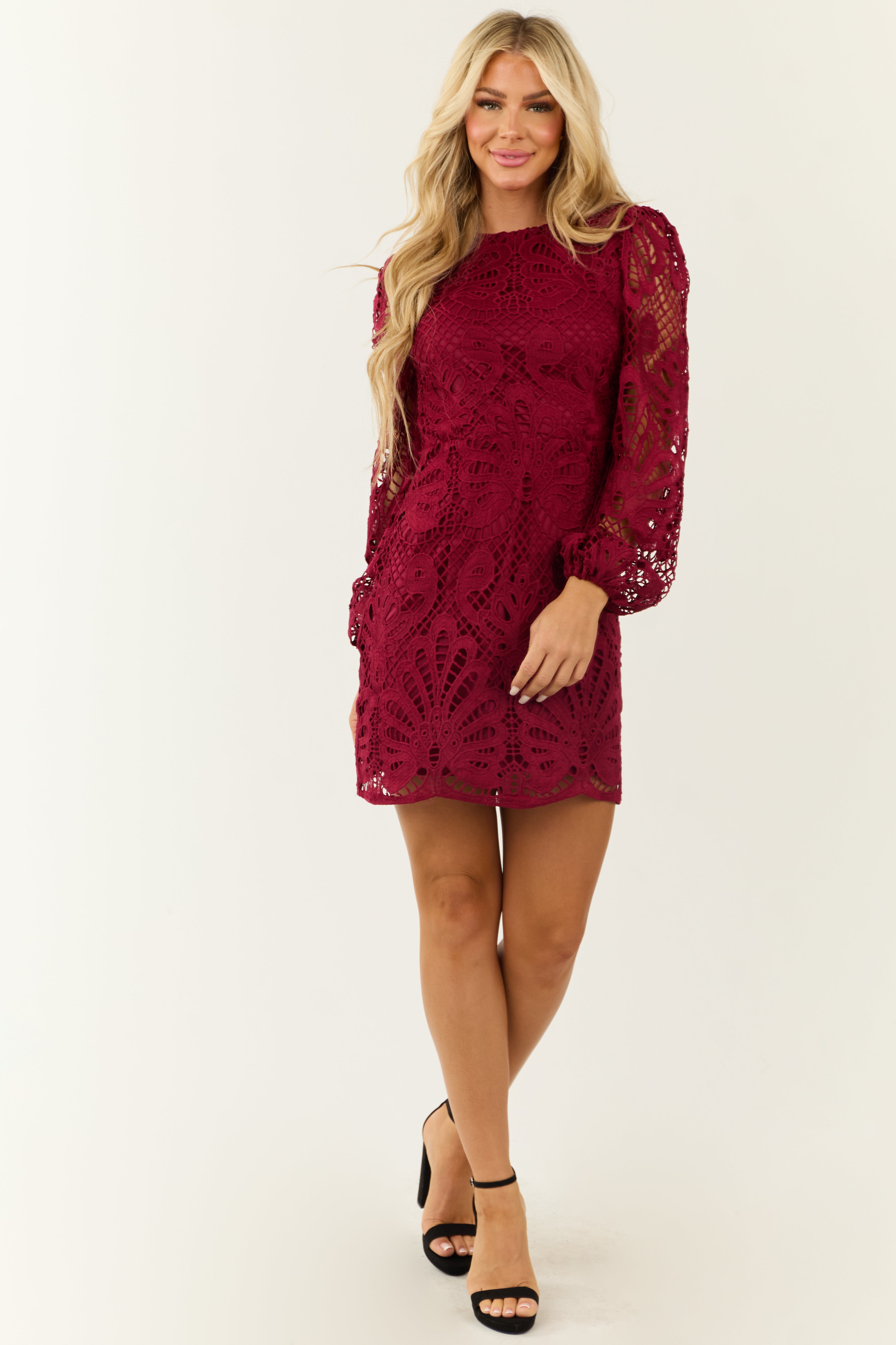 Flying Tomato Wine Lace Open Back Mini Dress