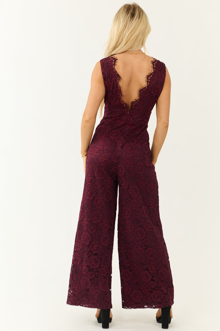 Flying Tomato Wine Lace Wide Leg Jumpsuit