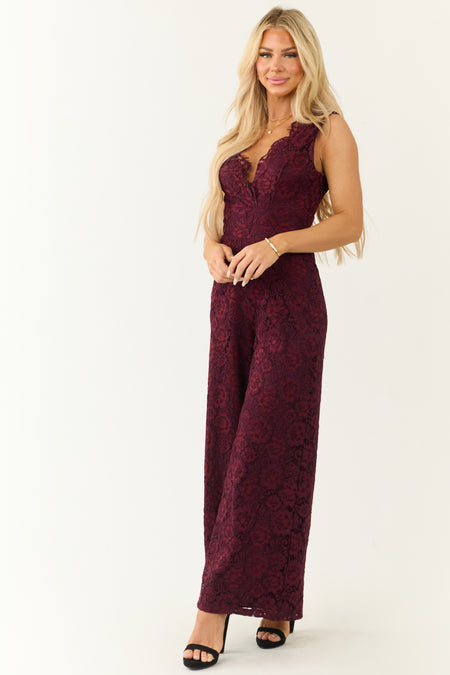 Flying Tomato Wine Lace Wide Leg Jumpsuit