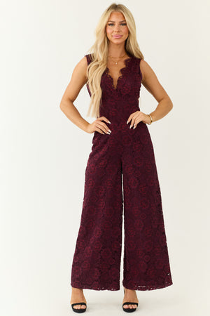 Flying Tomato Wine Lace Wide Leg Jumpsuit