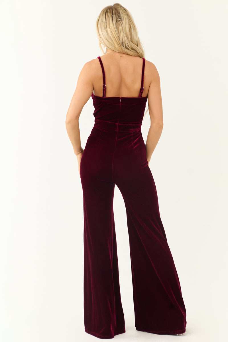 Flying Tomato Wine Split Neck Flare Leg Velvet Jumpsuit