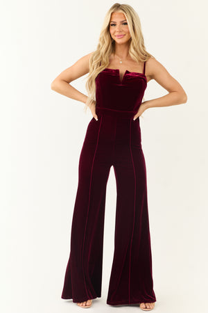 Flying Tomato Wine Split Neck Flare Leg Velvet Jumpsuit