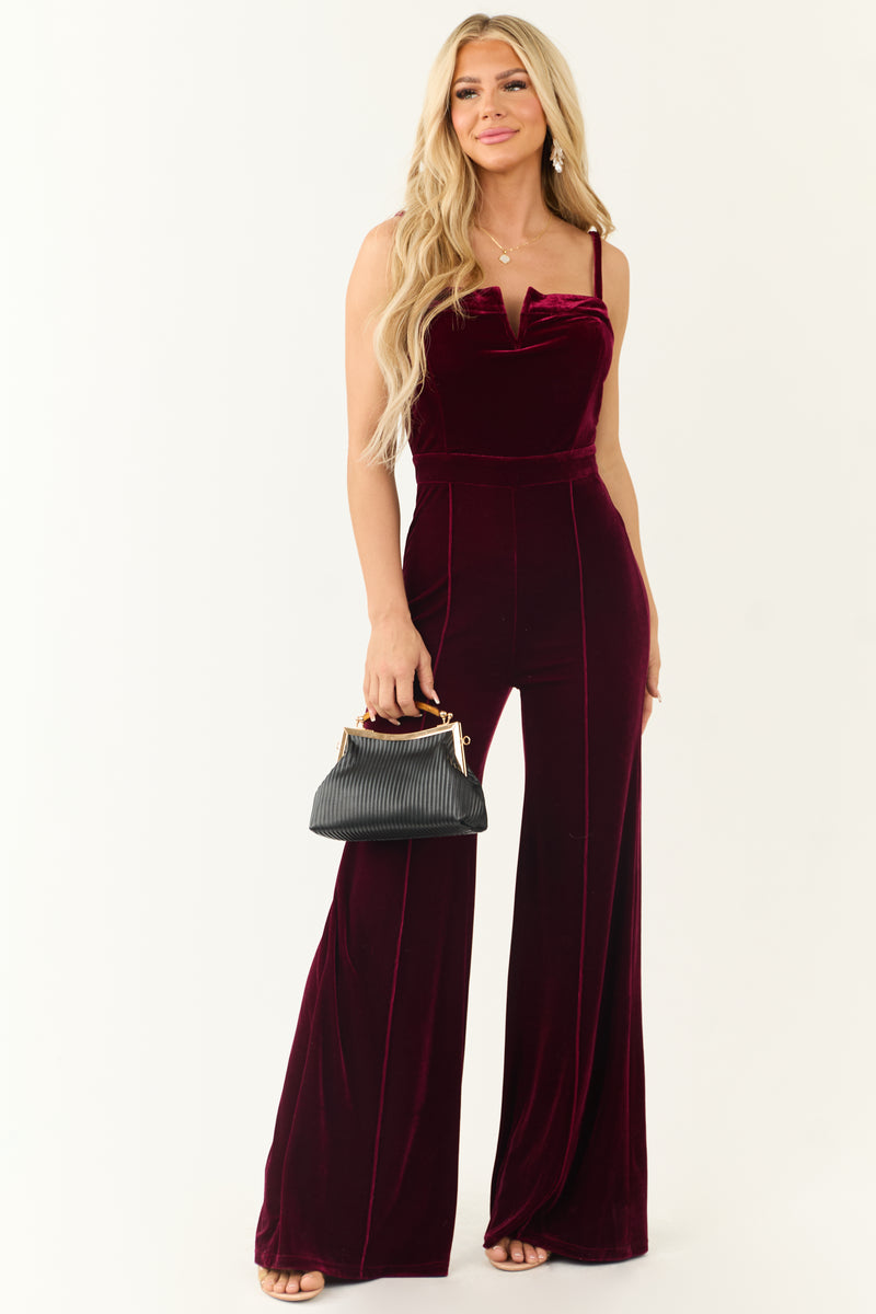 Flying Tomato Wine Split Neck Flare Leg Velvet Jumpsuit