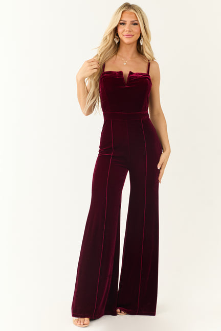 Flying Tomato Wine Split Neck Flare Leg Velvet Jumpsuit