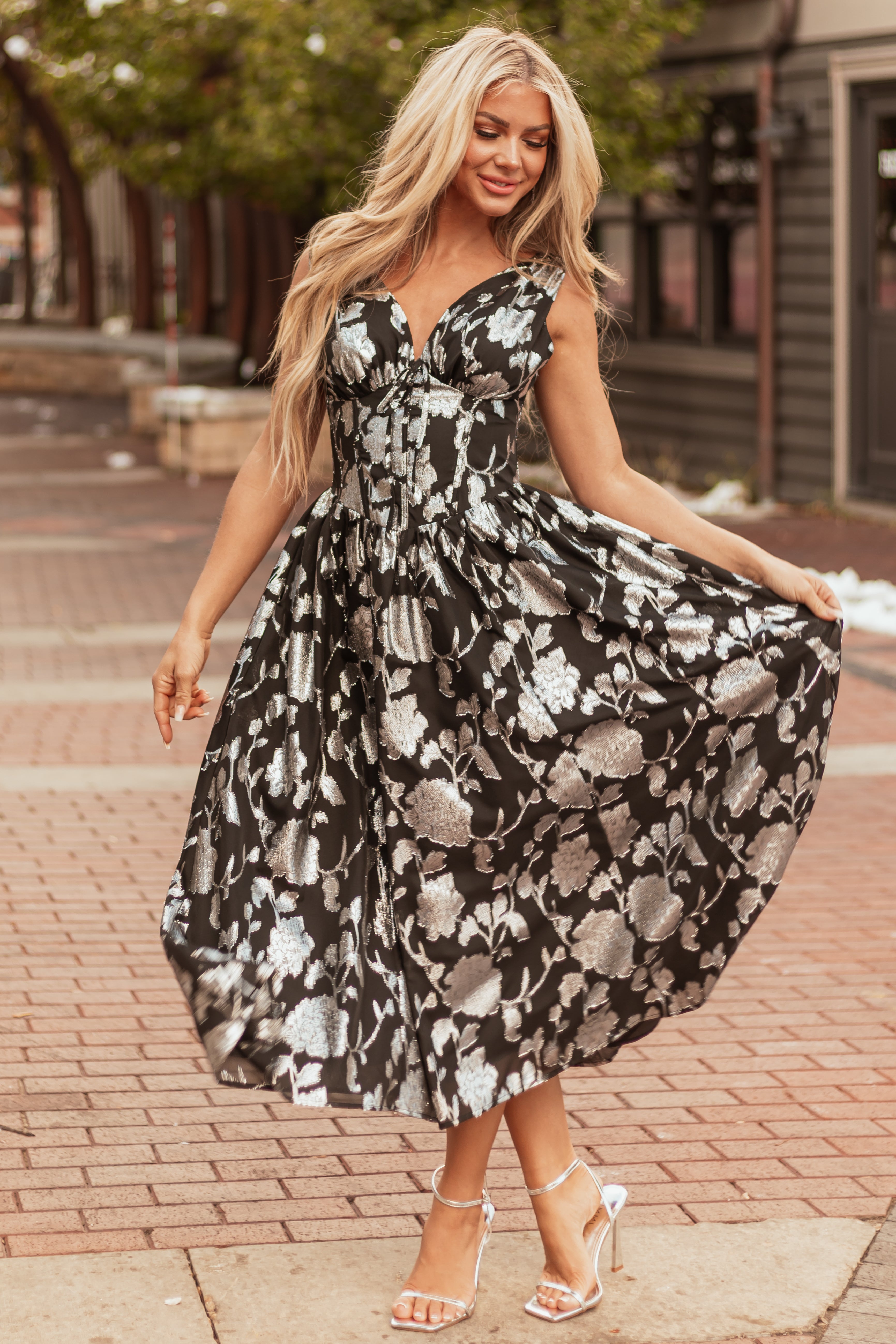 Flying Tomato Black and Silver Floral Midi Dress