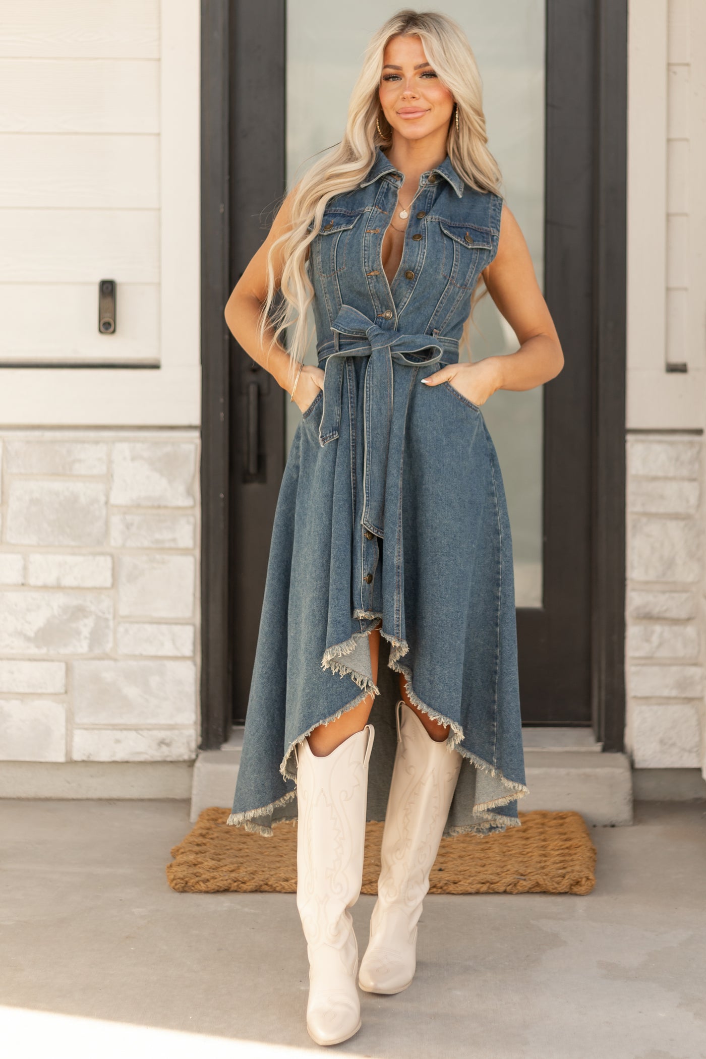 Flying Tomato Dark Wash Denim High Low Midi Dress