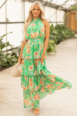 Flying Tomato Kiwi Floral Print Halter Maxi Dress