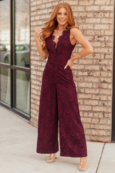 Flying Tomato Wine Lace Wide Leg Jumpsuit