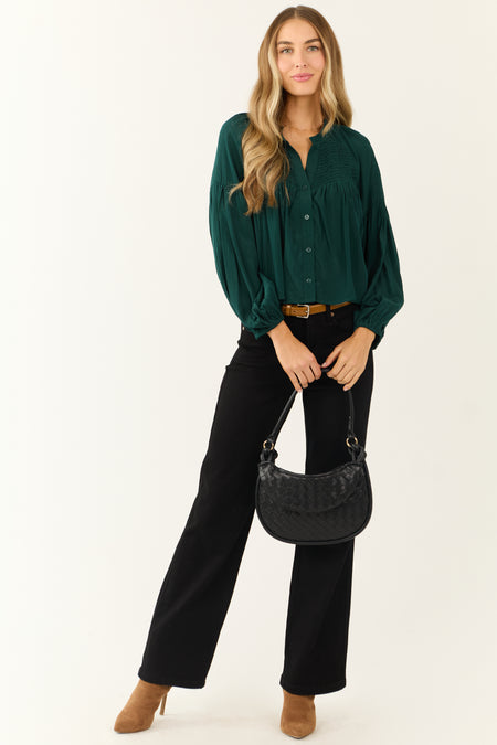 Forest Green Button Up Smocked Yoke Long Sleeve Top