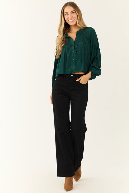 Forest Green Button Up Smocked Yoke Long Sleeve Top