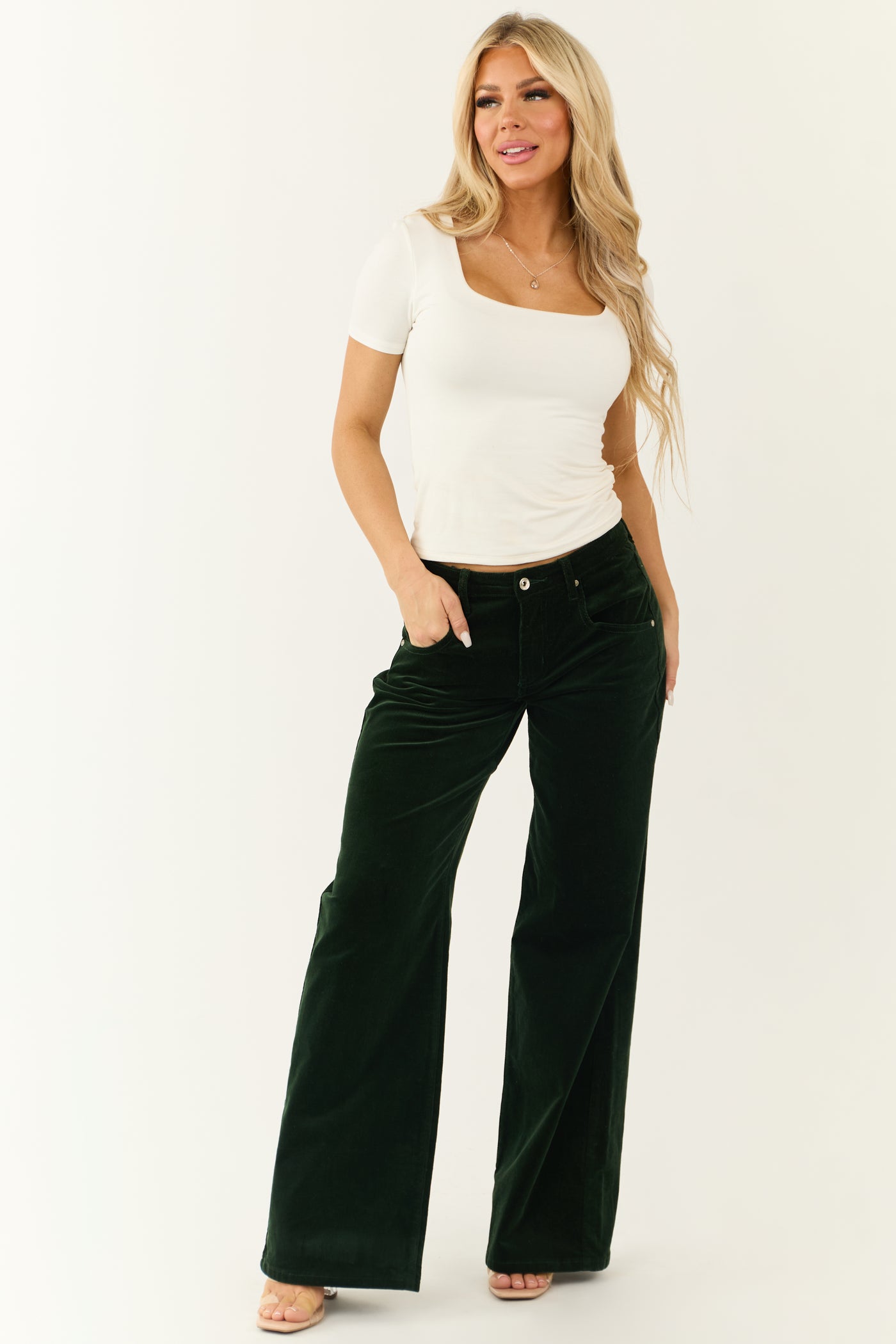 Forest Green Corduroy High Rise Wide Leg Pants