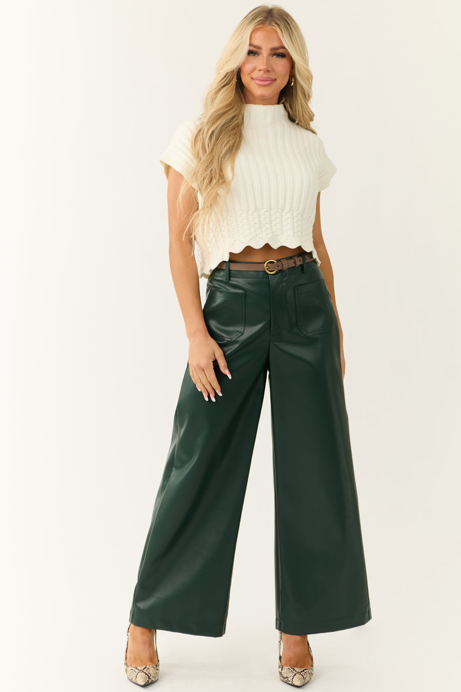 Forest Green Faux Leather Wide Leg Pants