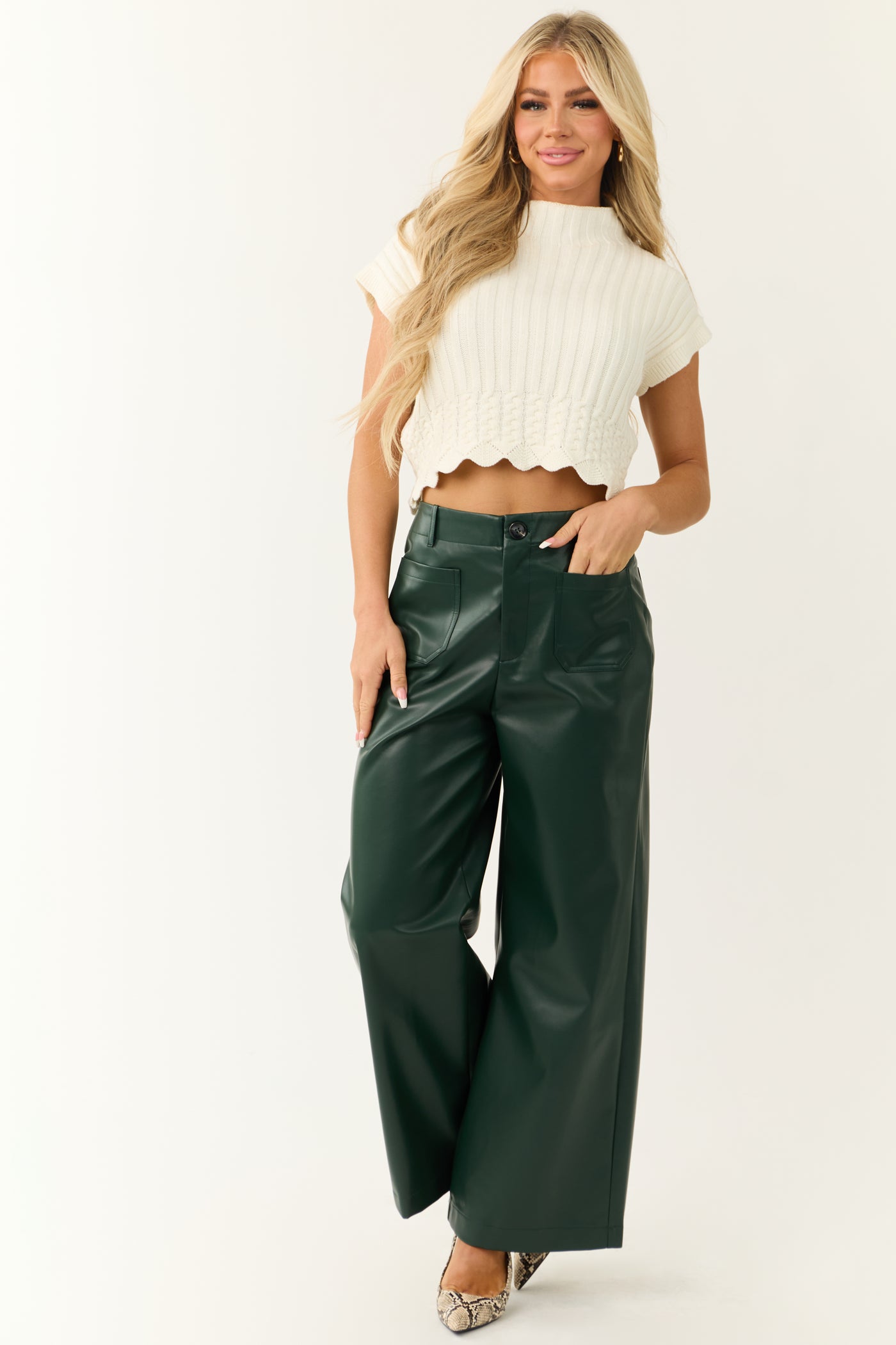 Forest Green Faux Leather Wide Leg Pants