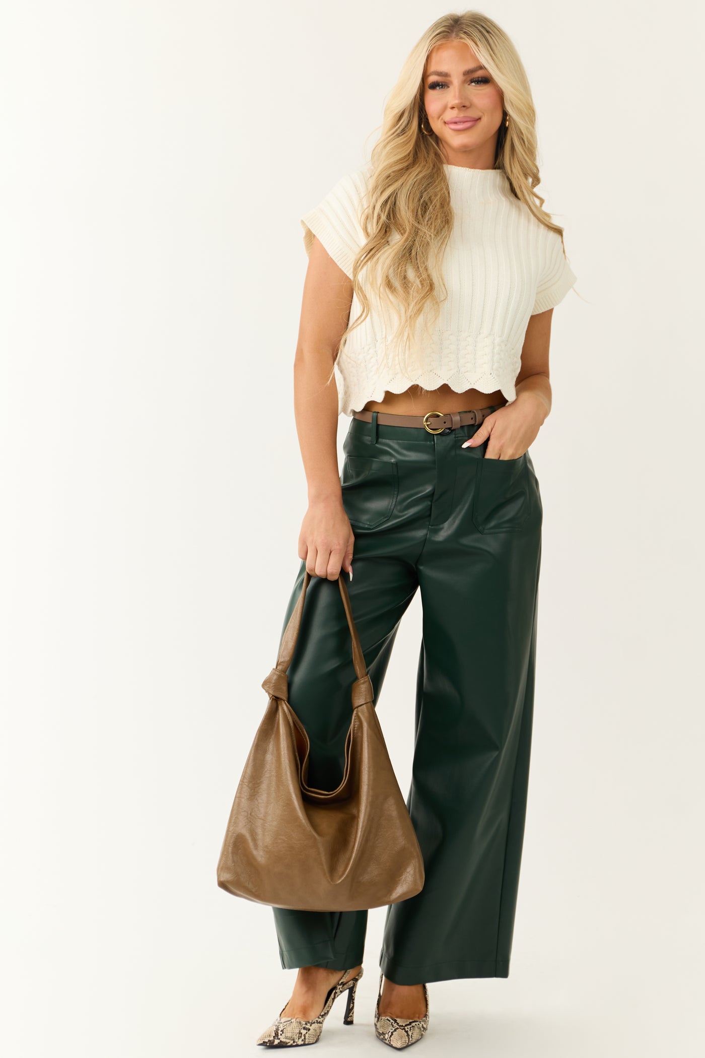 Forest Green Faux Leather Wide Leg Pants