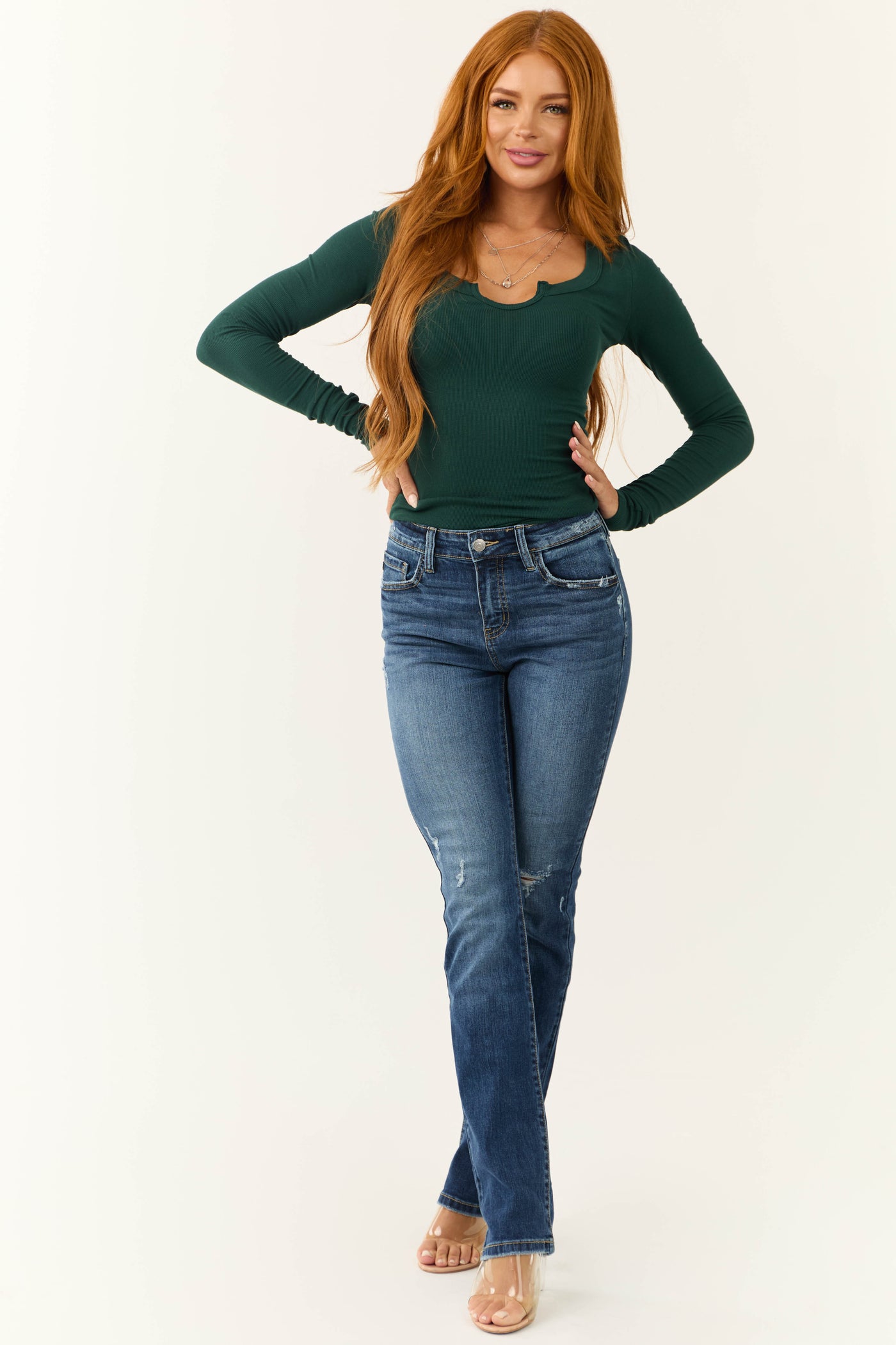 Forest Green Henley Fitted Long Sleeve Top