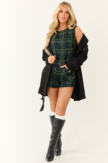 Forest Green Plaid Pocket Detail Tweed Romper