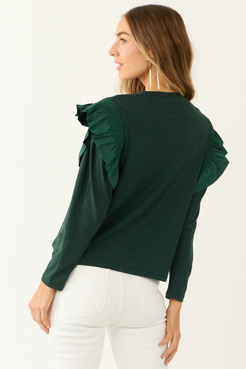 Forest Green Ruffle Shoulder Long Sleeve Knit Top