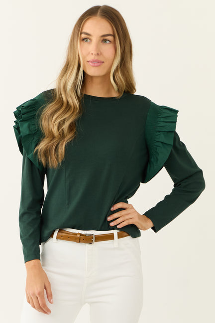 Forest Green Ruffle Shoulder Long Sleeve Knit Top