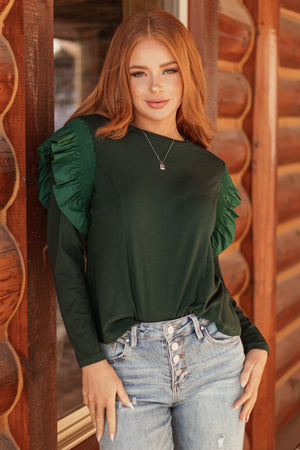 Forest Green Ruffle Shoulder Long Sleeve Knit Top