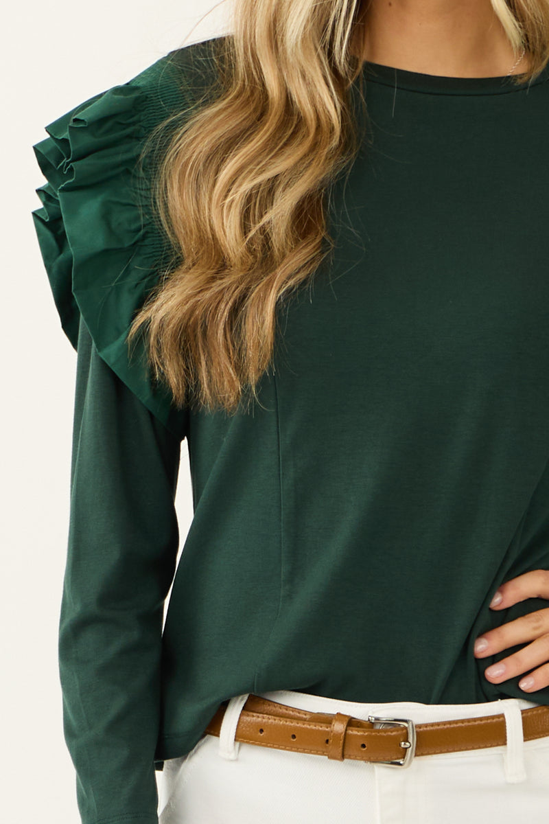 Forest Green Ruffle Shoulder Long Sleeve Knit Top