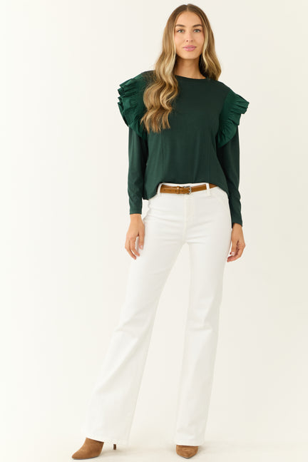 Forest Green Ruffle Shoulder Long Sleeve Knit Top