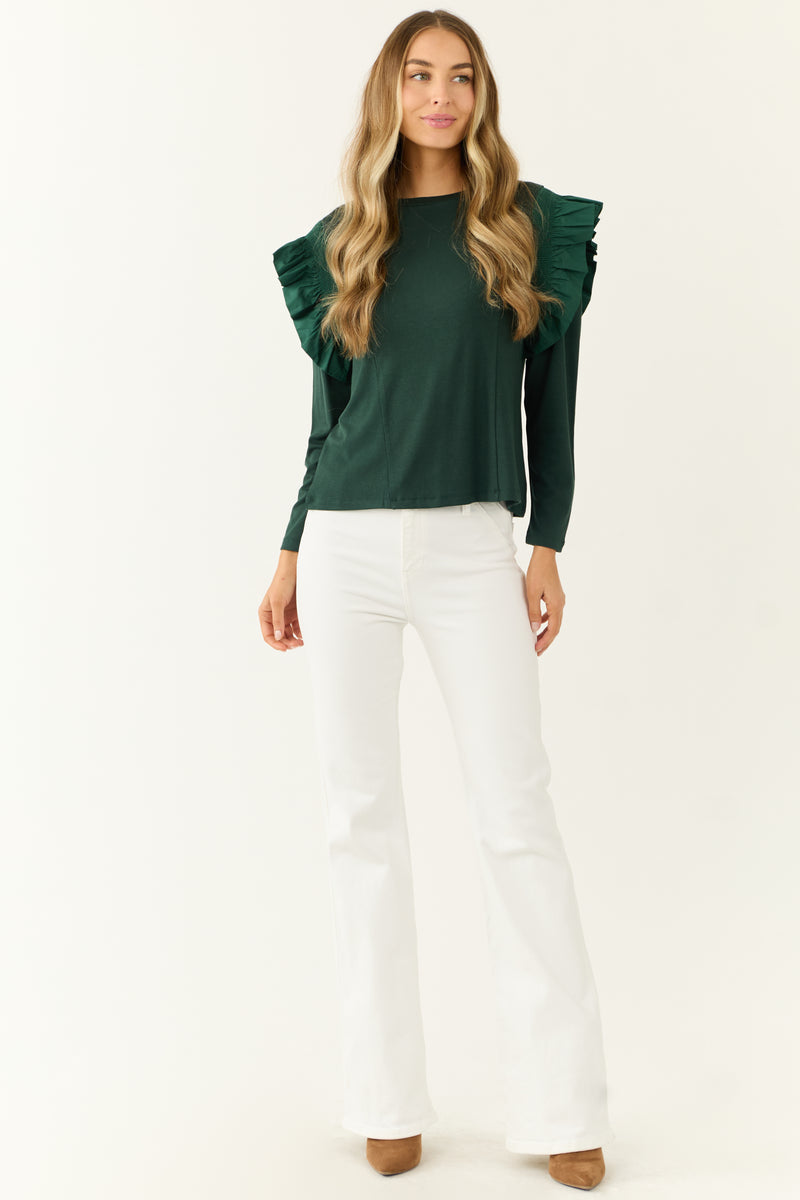 Forest Green Ruffle Shoulder Long Sleeve Knit Top